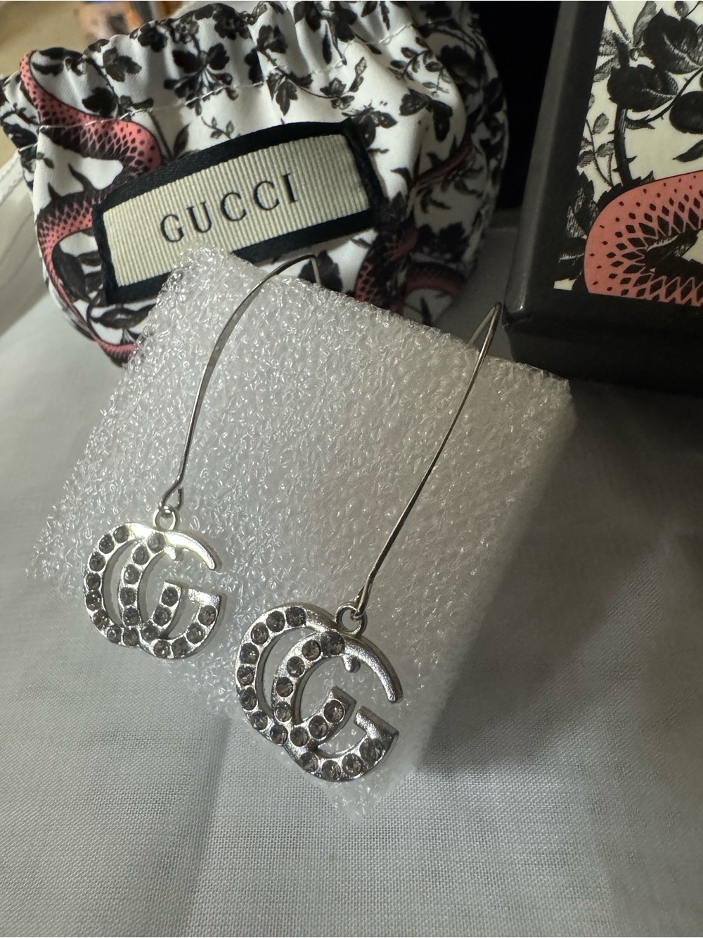 Gucci Silvery Crystal Double interlocking GG Hook Drop Earrings w/pouch and box - Picture 2 of 10